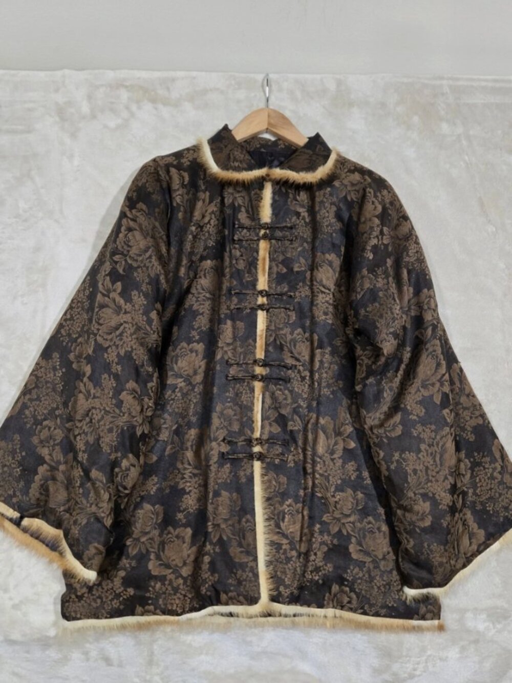 VTG Old Shanghai Silk Fur Trim Womens L Brocade Jacket Floral Brown